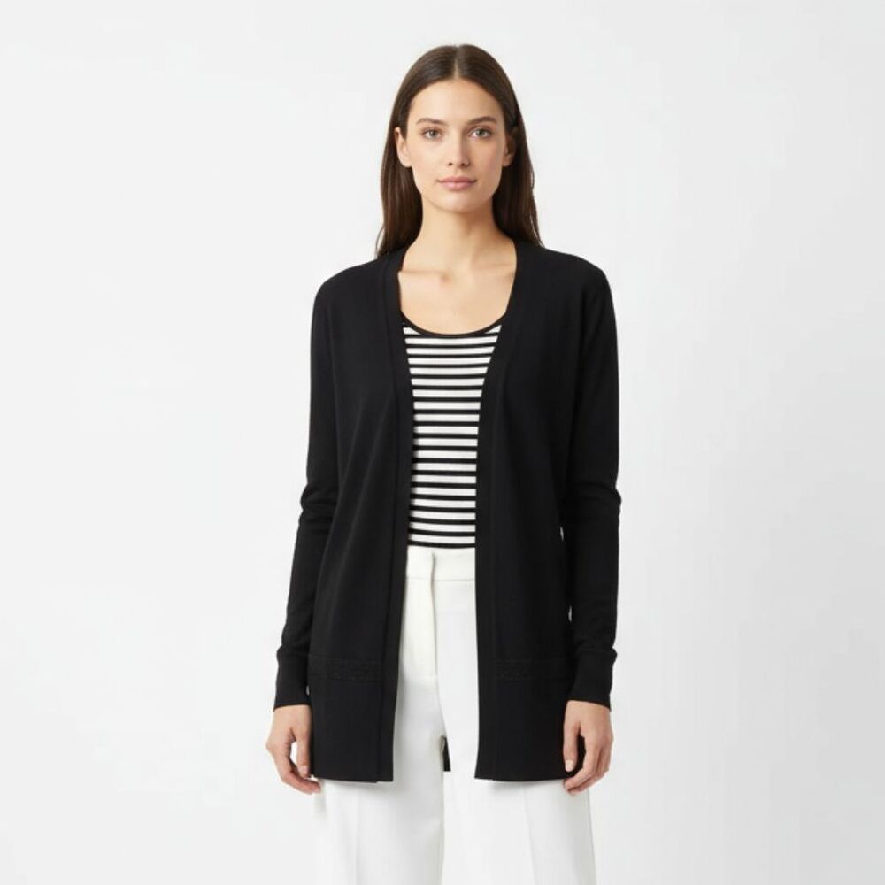 St John Black Open Front Knit Long Sleeve Cardigan Sweater L